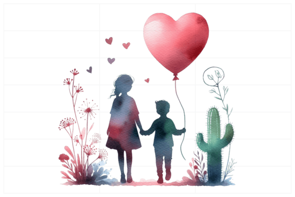 Watercolor Silhouetted Figures Balloon: A Design Asset with Heart